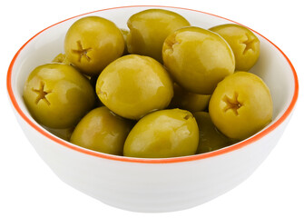 Bowl green natural pitted olives preserved isolated on a transparent background. Completely in focus.