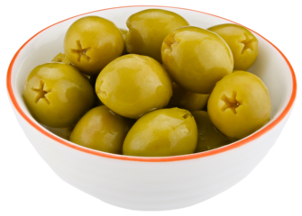 Bowl green natural pitted olives preserved isolated on a transparent background. Completely in focus.