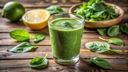 Glass of green smoothie is surrounded by fresh spinach and cucumber on a rustic wood table, showcasing a healthy and refreshing drink