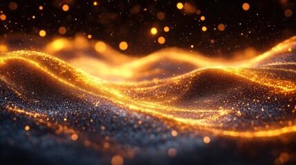Fototapeta premium Abstract Golden Light Waves With Sparkling Particles On Dark Background