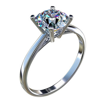Classic solitaire diamond ring is gleaming on a white background