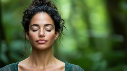 Naklejka premium Woman meditating in a serene forest setting, eyes closed, surrounded by nature, mental health, relaxation, mindfulness