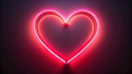 Bright pink neon heart sign is glowing on a dark background