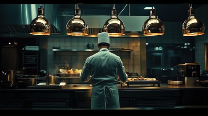Obraz premium A chef is cooking in a kitchen with four overhead lights
