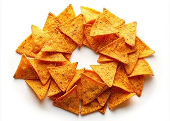 Crunchy, golden tortilla chips sprinkled with vibrant orange seasoning, arranged in a circular pattern on a white background, waiting to be devoured.