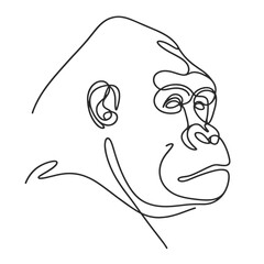 A drawing of a gorilla with a smile on its face. The drawing is in black and white and is a simple line drawing. The gorilla's expression is happy and playful © KATERINA.AI