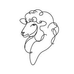 A stylized drawing of a sheep with a curly mane. The sheep has a big, open mouth and is looking at the camera. The drawing is in black and white and has a simple, elegant style