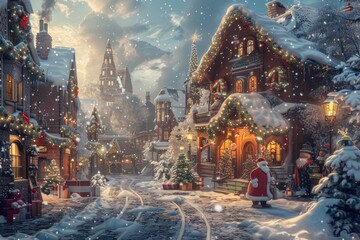 Obraz premium Christmas Village Winter Scene with Festive Decorations and Snowfall