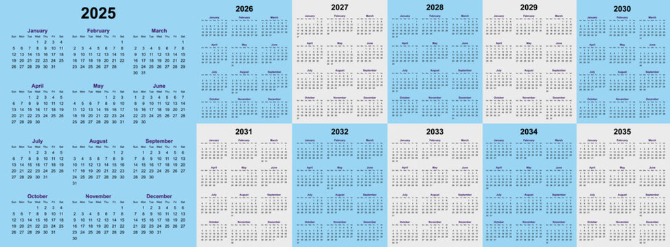 minimal calendar from 2025 to 2035. vector editable calendar set isolated.