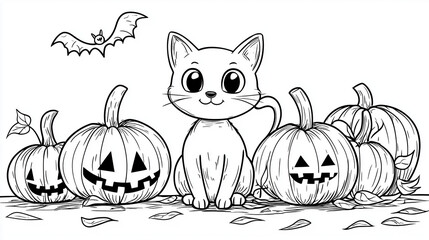 easy halloween coloring page for kids with cute cat and pumpkins