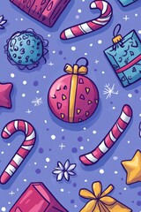 Fototapeta premium holiday doodles, bright d doodle style new year and christmas seamless pattern with festive decorations on pastel purple background for graphic advertising