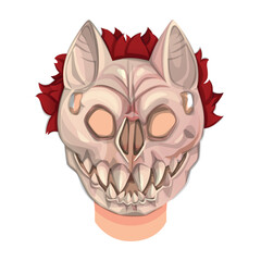 Obraz premium Halloween Monster Masks for character. Cartoon halloween photo booth mask and props. Bat skull. A cartoon mannequin wearing a skull mask with red hair. Mystical rodent bone elements. Halloween