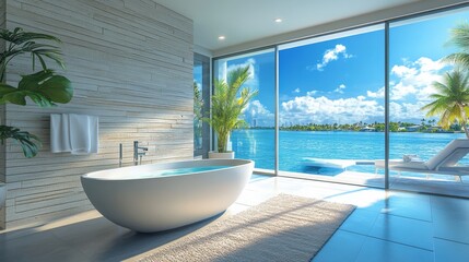 Fototapeta premium luxury coastal living, luxurious modern home with waterfront views, a freestanding tub, and a sleek bathroom embodies lavish coastal living