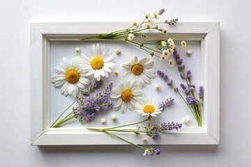 Delicate, faded petals of lavender, baby's breath, and daisies are artfully arranged within minimalist white frames, evoking a sense of nostalgic beauty and simplicity.