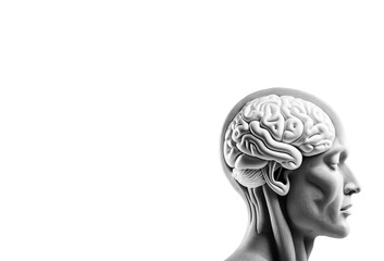 Digital illustration of a human brain with black and white grayscale colors. Symbolizing artificial intelligence, futuristic digital technology human and robot face close up, digital smart world.