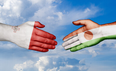 Niger and Malta country handshaking with flags, consensus concept international co-operation illustration
