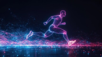 vibrant neon wireframe showing a running figure against a dark background perfect for sports and fitness themes in digital art banners