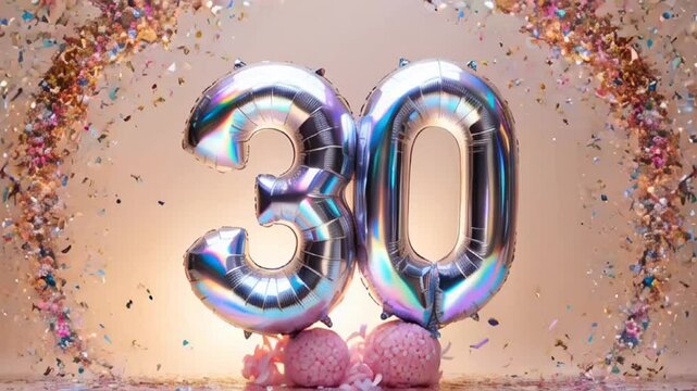 Shiny number 30 balloon, confetti, festive design background