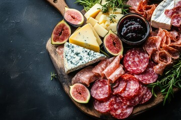 sophisticated charcuterie board with cured meats, cheeses, and fig jam presented in top view for an elegant culinary experience