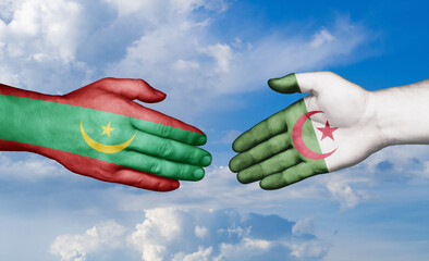 Mauritania and Algeria country handshaking with flags, consensus concept international co-operation illustration