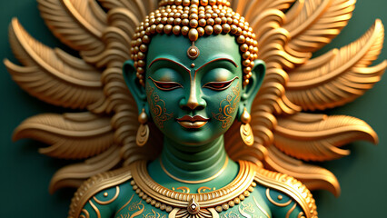 Fototapeta premium Golden buddha statue with intricate carvings, serene expression, and peaceful aura