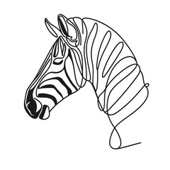 A zebra is drawn in a line drawing style. The zebra has a black nose and white stripes © KATERINA.AI