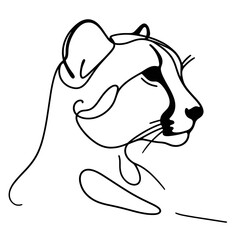 A black and white drawing of a cheetah with a white background. The cheetah is looking at the camera with a curious expression