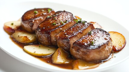 A plate of grilled duck breast with a sweet sauce, served with sauteed apples.