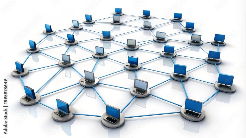 Poster network of computers communicating with each other on white background