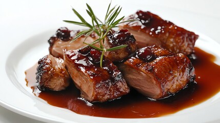 A plate of duck breast with a red sauce and a sprig of rosemary.
