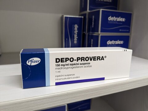 Prague,Czech Republic-September 26 2024: DEPO-PROVERA box of medication with MEDROXYPROGESTERONE active substance by PFIZER,used for contraception,birth control	
