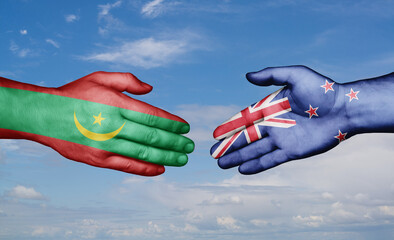 New Zealand and Mauritania country handshaking with flags, consensus concept international co-operation illustration