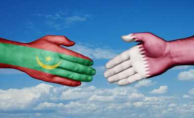 Qatar and Mauritania country handshaking with flags, consensus concept international co-operation illustration