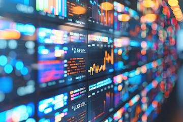 Fototapeta premium Pan across the digital screens displaying real-time bidding information, illustrating the transparency and efficiency of modern auction technology. , background blur