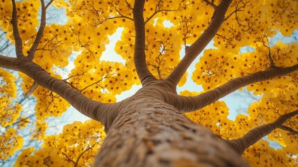 Captivating tree trunk wood with yellow blossom from low angle view perspective and blue sky