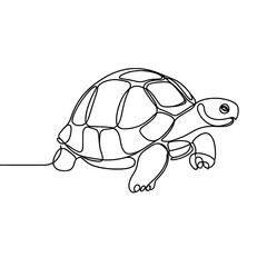 A turtle is walking on a white background. The turtle is small and cute. The line drawing style of the image gives it a simple and elegant look
