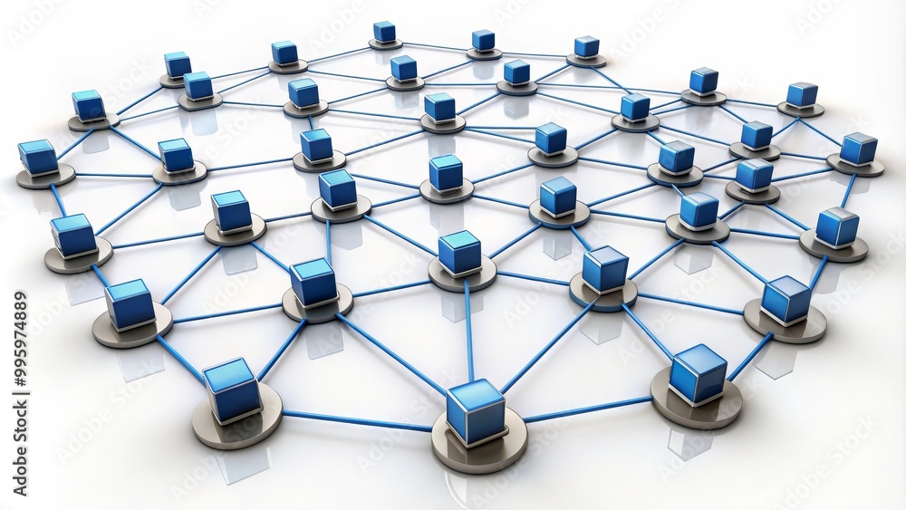 Poster network of computers communicating with each other on white background
