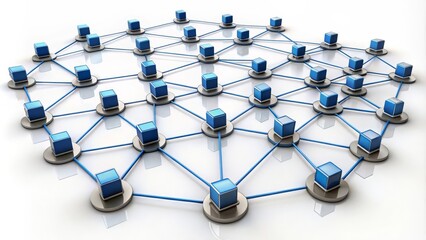 Network of computers communicating with each other on white background