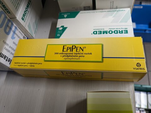 Prague, Czech Republic - August 29 2024: EPIPEN box of medication with epinephrine active substance by Mylan, used for treatment of anaphylaxis, severe allergic reactions, anaphylactic shock.	
