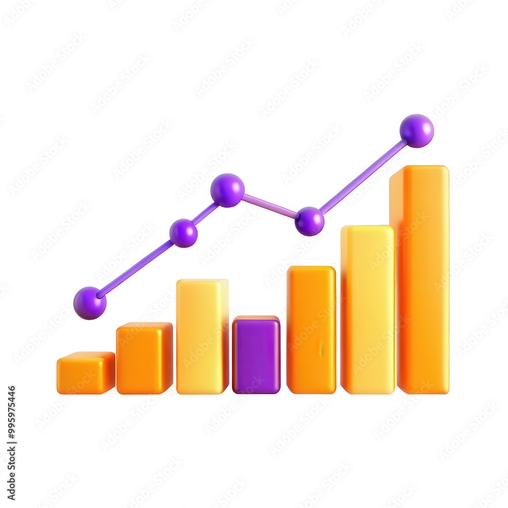 Poster a colorful, isolated 3d bar graph model showing growth with purple connecting lines. ideal for finan
