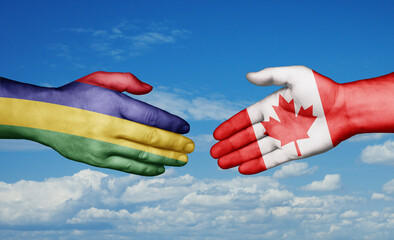 Canada and Mauritius country handshaking with flags, consensus concept international co-operation illustration