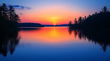 Silhouetted Trees Reflecting in a Calm Lake at Sunset