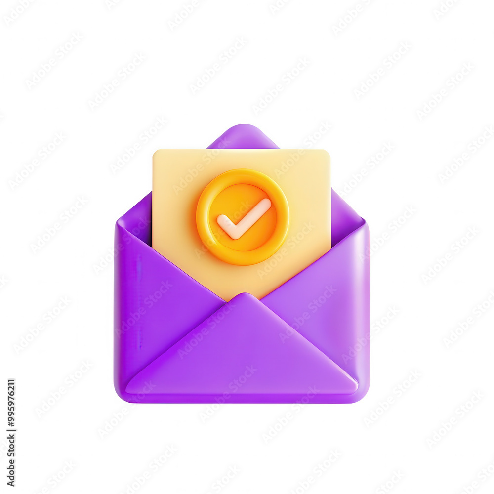 Aufkleber this image features a vibrant 3d email icon with a purple envelope and a yellow checkmark, symbolizi