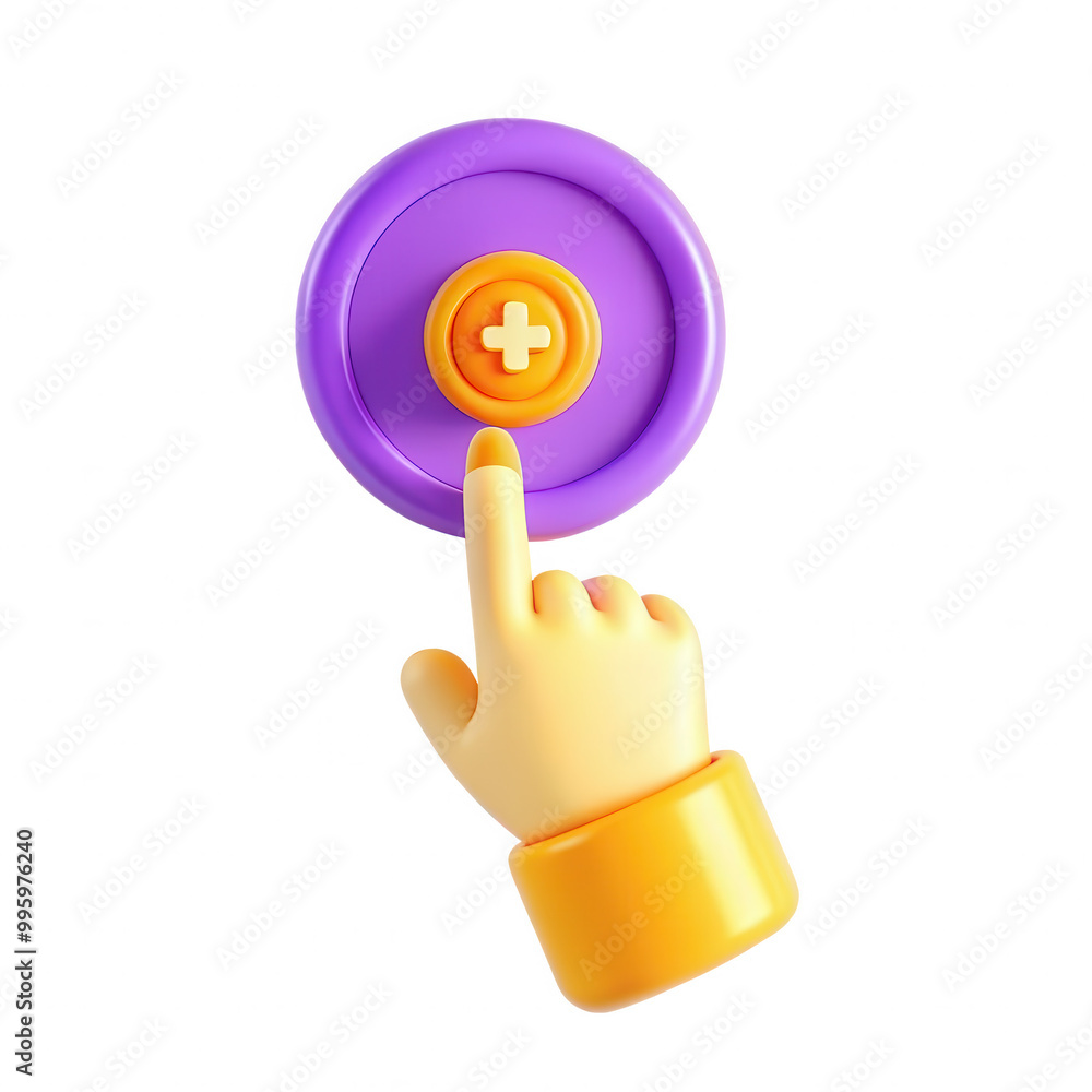 Poster a 3d rendered image of a hand poised to click a colorful button. the button features a purple circul