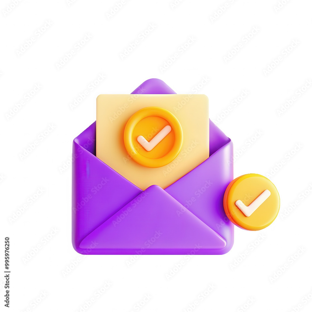 Poster a colorful 3d mail icon featuring purple envelope and yellow checkmarks, symbolizing message approva