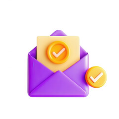 A colorful 3D mail icon featuring purple envelope and yellow checkmarks, symbolizing message approval and successful communication.