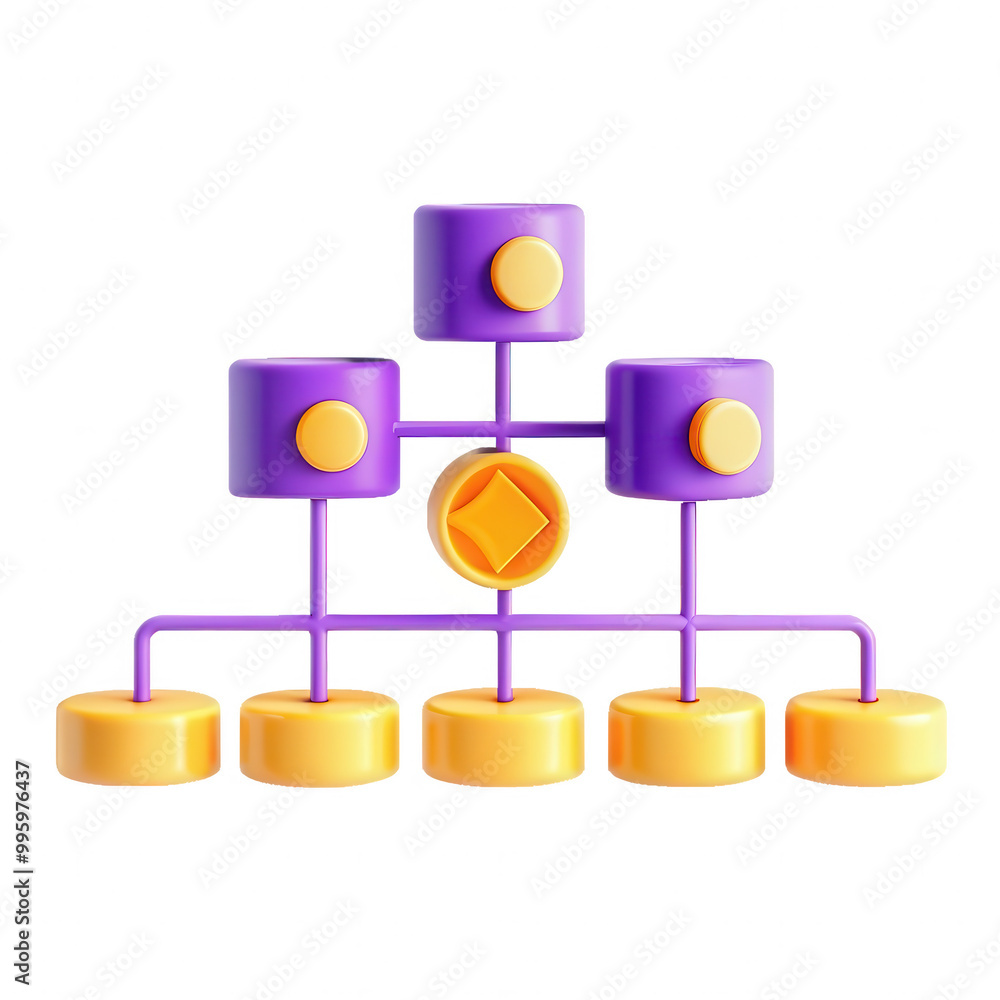 Poster a vibrant 3d render showcasing a data flow diagram with purple and yellow elements. represents conne