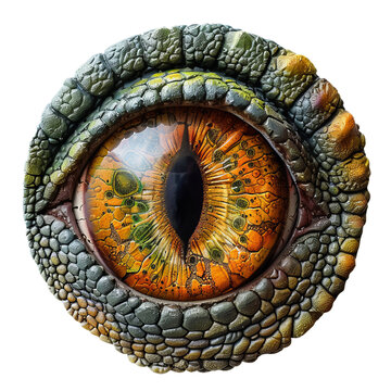 Dinosaur eye staring from lush prehistoric jungle vegetation