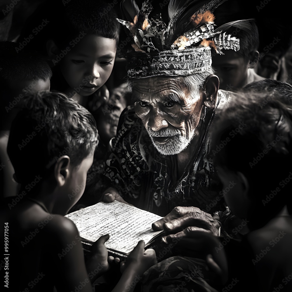 Wall mural 41. A tribal elder sharing wisdom, surrounded by young listeners, eyes shining with knowledge.