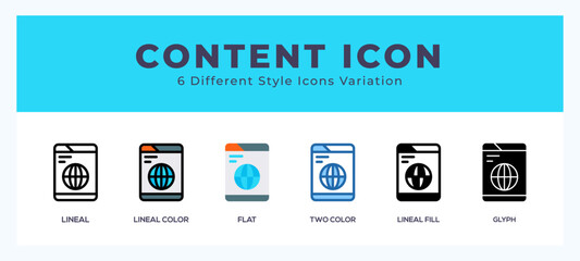 Content icon set with different styles. Icons designed in filled. outline. flat. glyph and line colored.